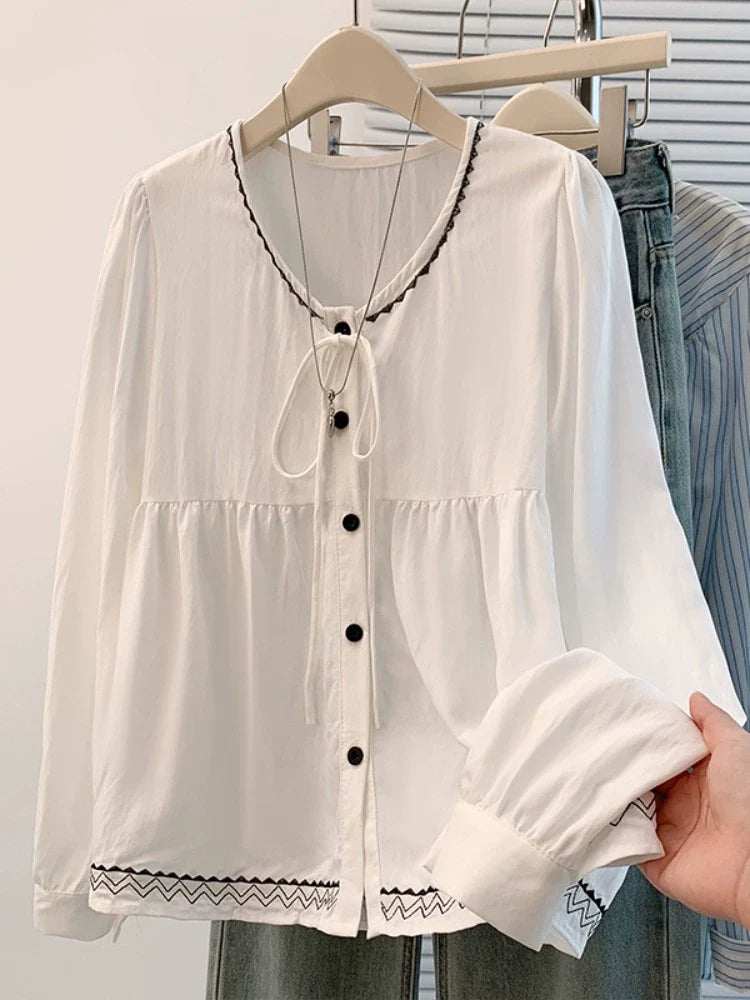 Cotton Linen Round Neck Cute Embroidered Lace-Up Shirt