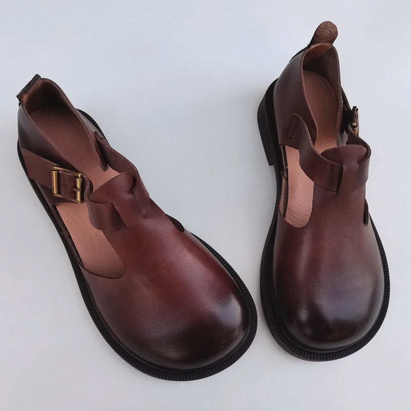 Babakud Women Spring Retro Leather Handmade Flats Chunky Shoes