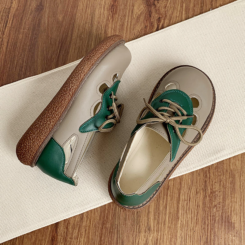 Women's Lace-Up Contrast Color Hollow Leather Casual Shoes