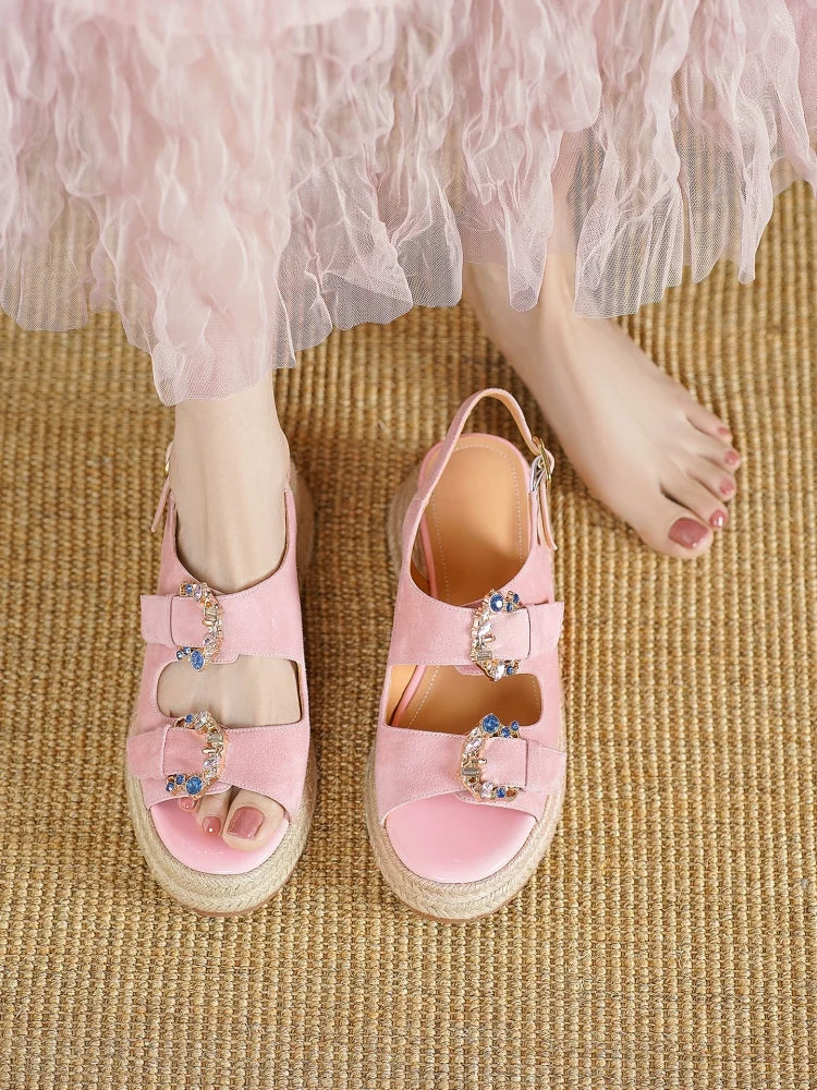 Retro Sheepskin Leather Open Toe Woven Diamond Shoes