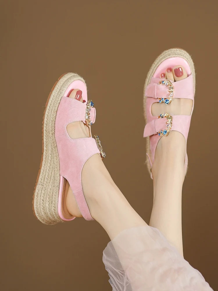 Retro Sheepskin Leather Open Toe Woven Diamond Shoes