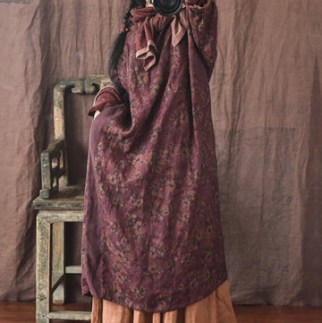 Vintage Distressed Floral Printed Mid-Length Linen Dress