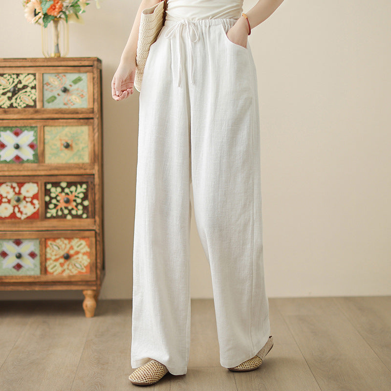 Summer Casual Cotton Linen Elastic Waist Lace-Up Loose Pants