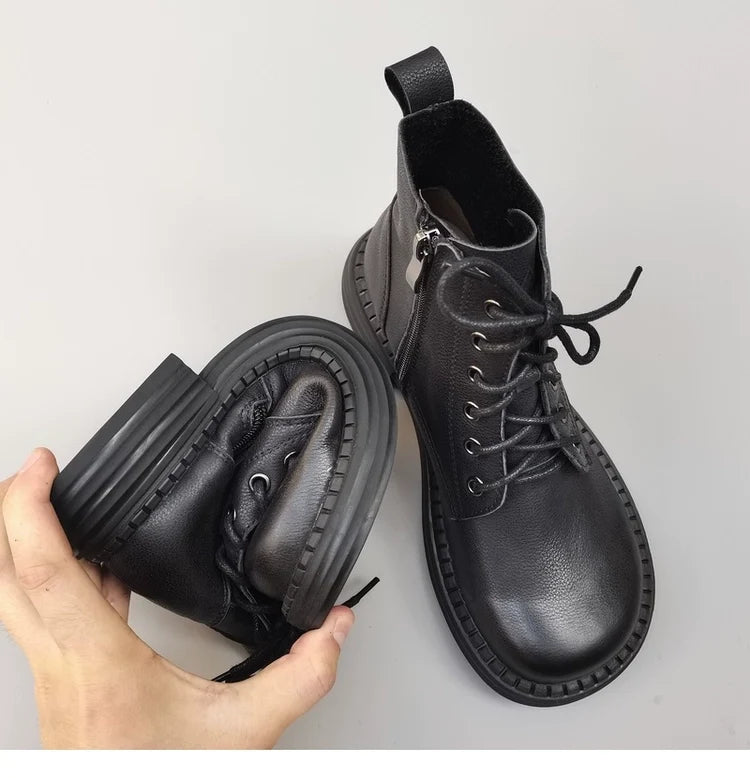 Babakud Women Top Leather Wide Round Toe Lace Up Boots