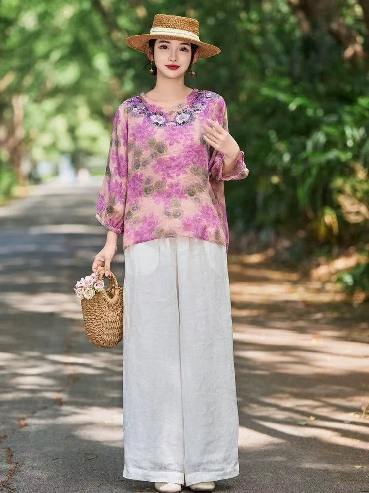 Summer Retro Ramie Floral Embroidered V-Neck Shirt