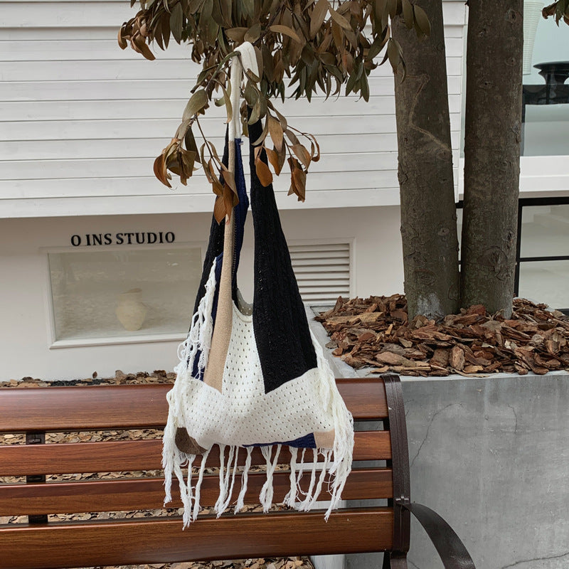 Casual Large Capacity Color Block Tassel Knit Shoulder Bag