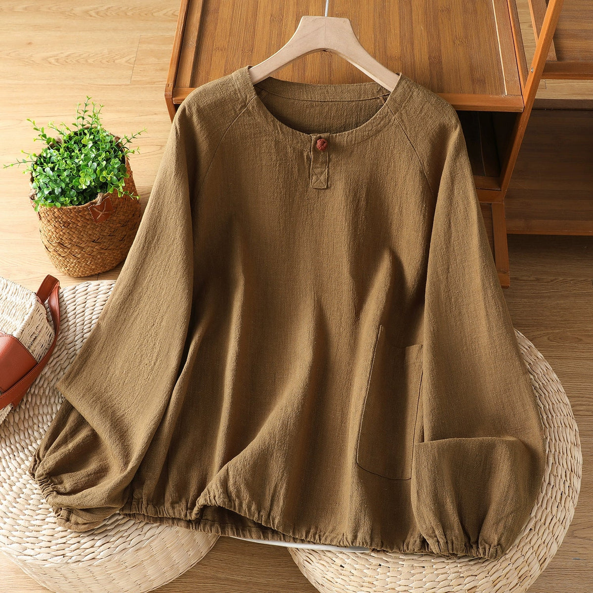 Retro Cotton Linen Round Neck Casual Lantern Sleeve Shirt
