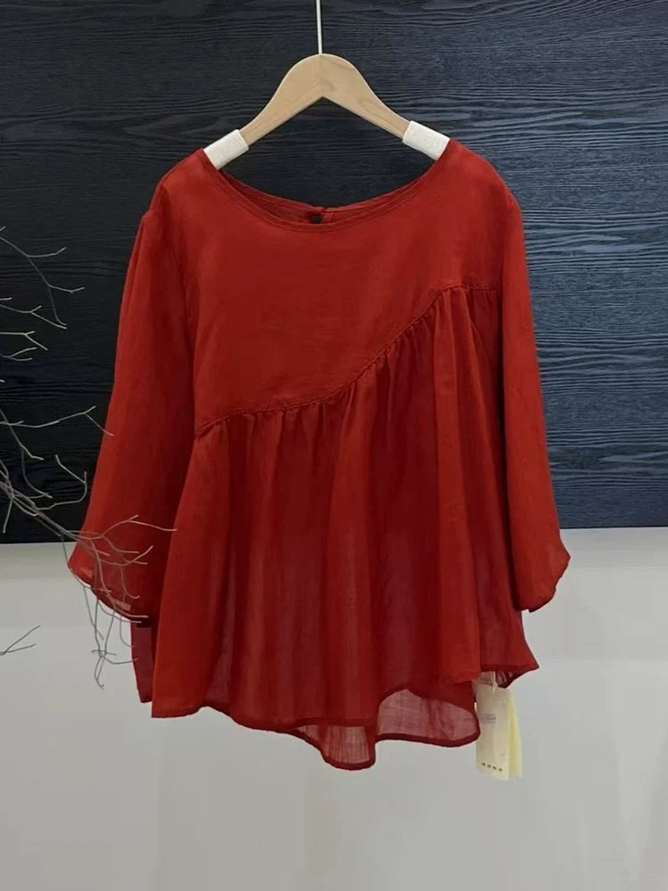 Women Summer Ramie Simple Breathable Round Neck Pullover Top