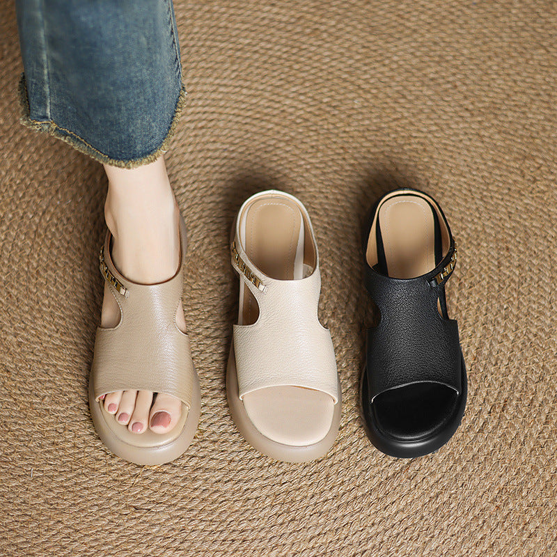 Summer Sheepskin Leather Open Toe Casual Chunky Shoes