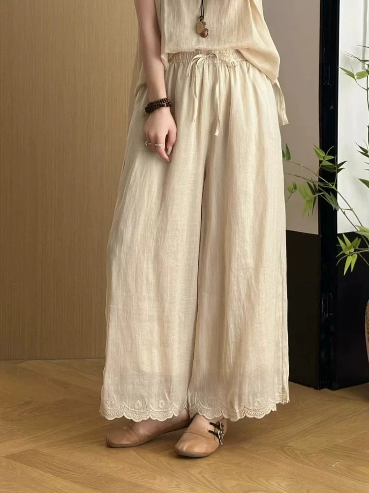 Summer Vintage Ramie Embroidered Elastic Waist Lace-Up Pants