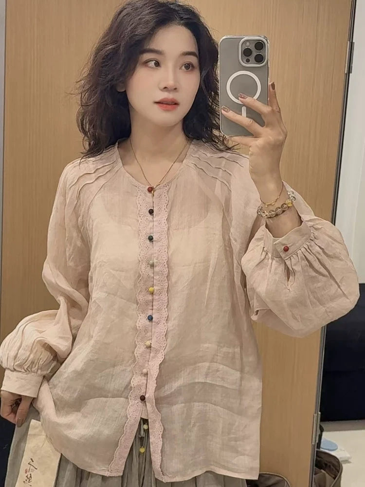 Summer Ramie Floral Lace Single-Breasted Puffed Sleeves Top