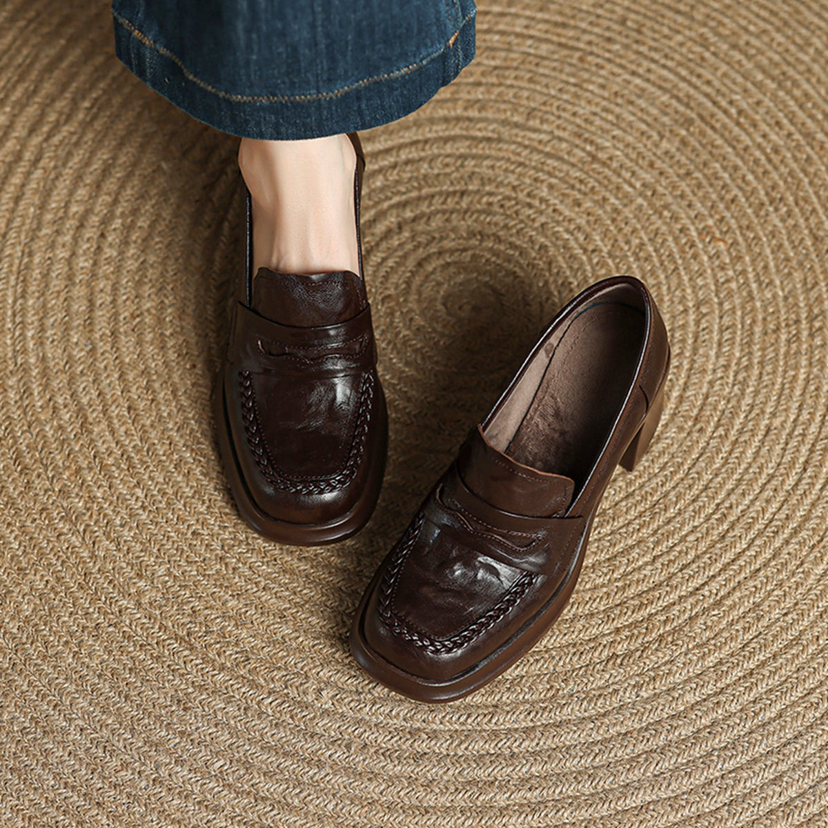 Vintage Fashionable Sheepskin Leather Chunky Platform Shoes