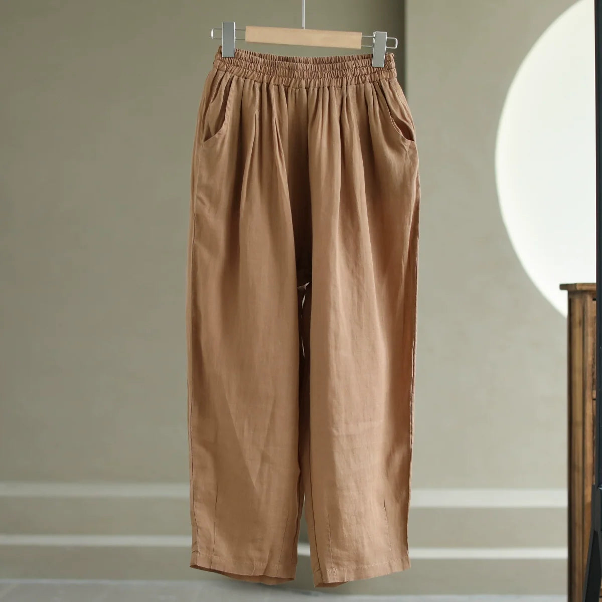 Babakud Women Ramie Casual Loose Elastic Waist Pants