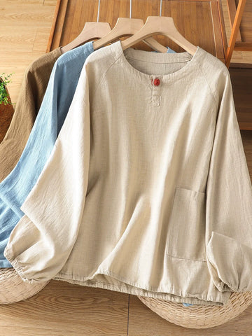 Retro Cotton Linen Round Neck Casual Lantern Sleeve Shirt