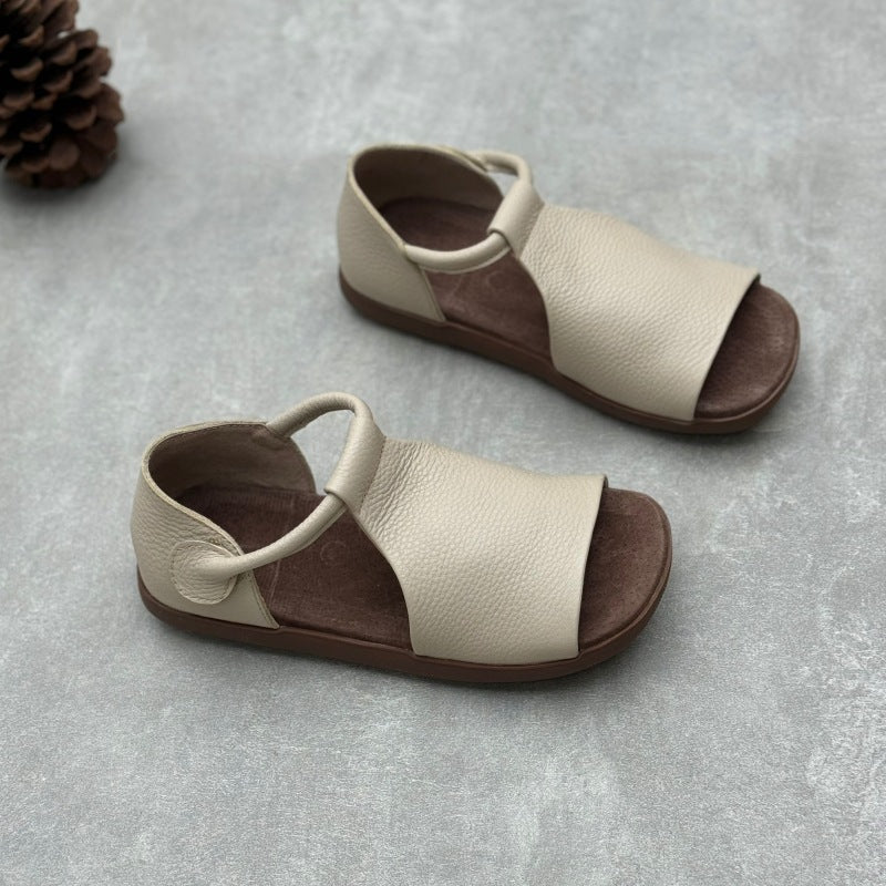 Vintage Soft Leather Peep Toe Sandals Comfortable Summer Flats