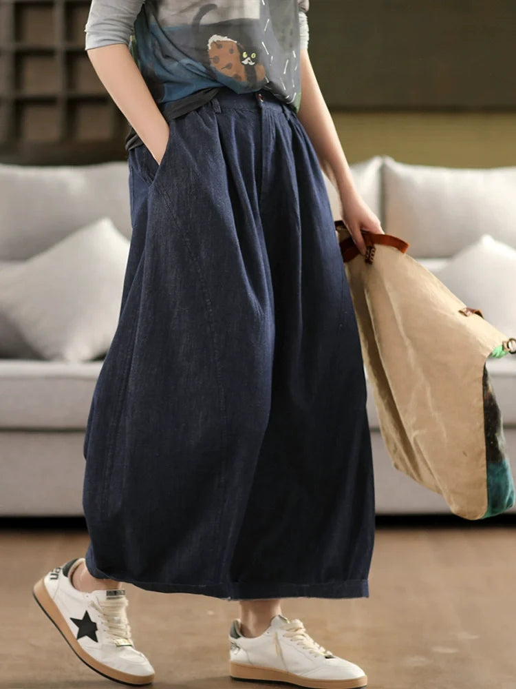 Women Vintage Cotton Loose Fit Denim Trousers Wide Leg Pants