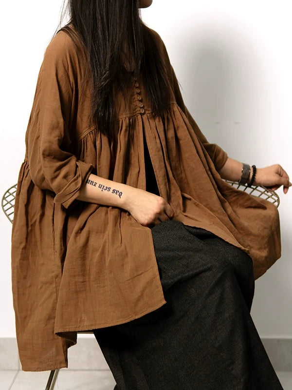 Retro Cotton Casual Versatile Loose V-Neck Long Sleeves Shirt