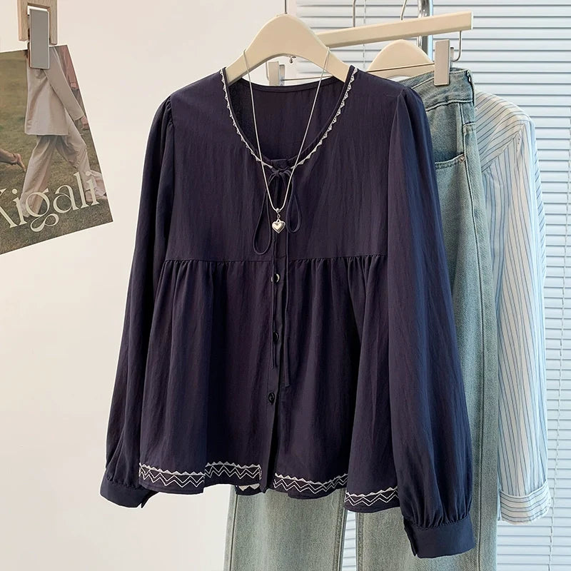 Cotton Linen Round Neck Cute Embroidered Lace-Up Shirt