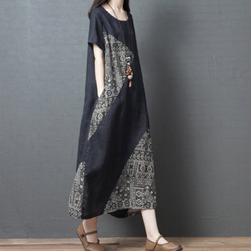 Spring Cotton Linen Loose Color Block A-Line Dress