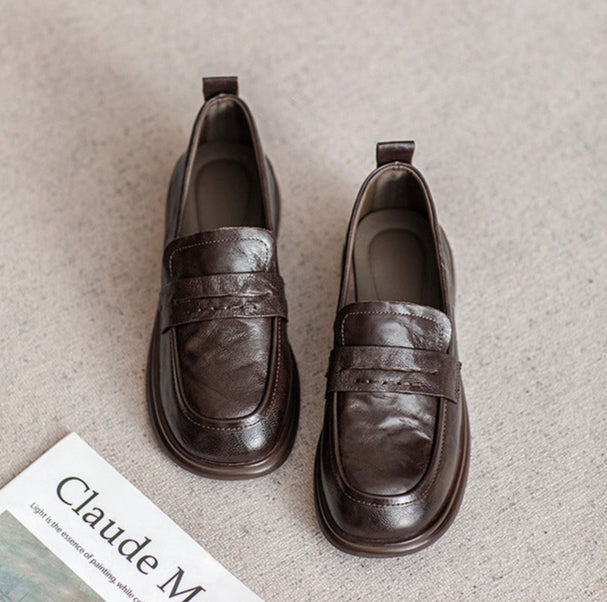 Brown Classic Vintage Textured Leather Loafers for Women