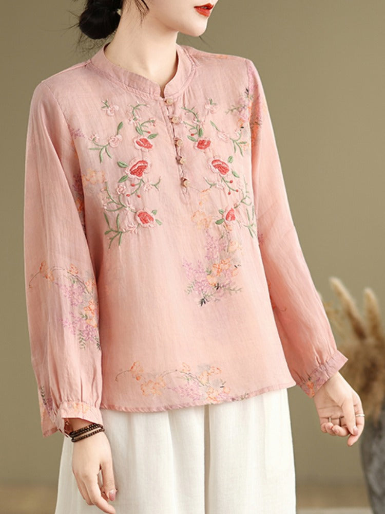 Women Spring Retro Ramie Embroidered Stand Collar Blouse