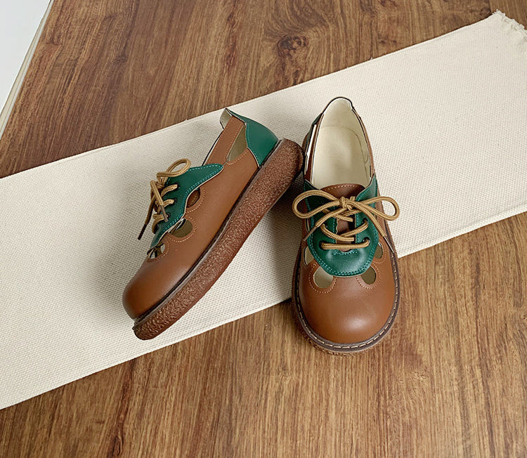 Women's Lace-Up Contrast Color Hollow Leather Casual Shoes