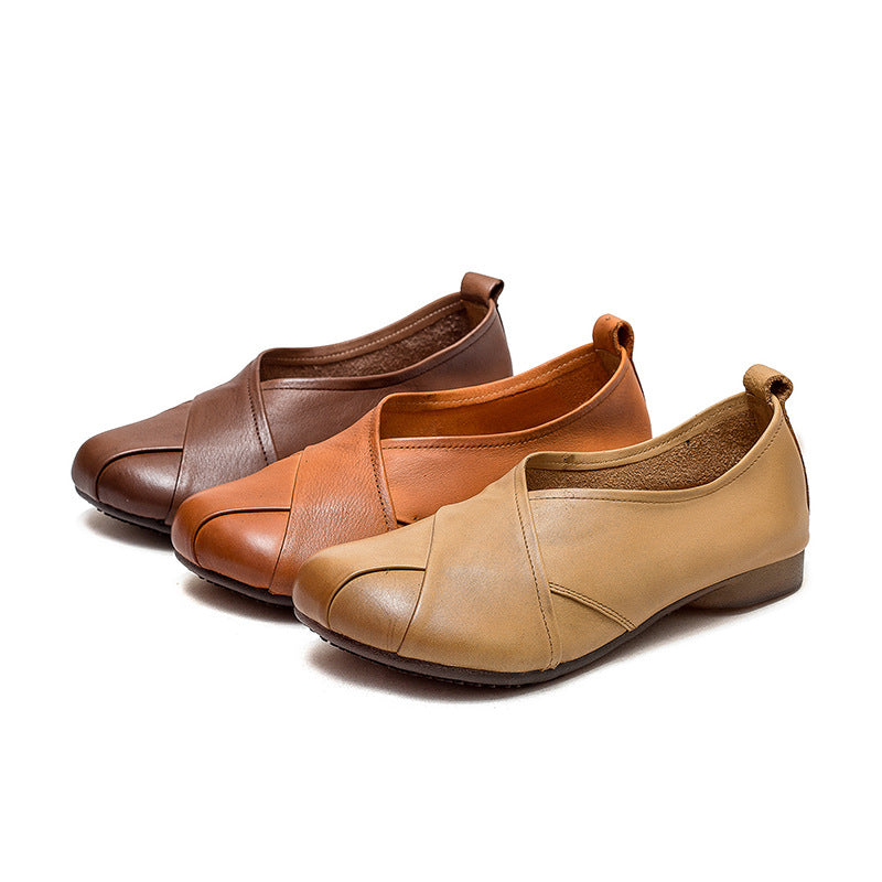 Vintage Cross-Strap Low-Cut Distressed Flat Leather Slip-Ons