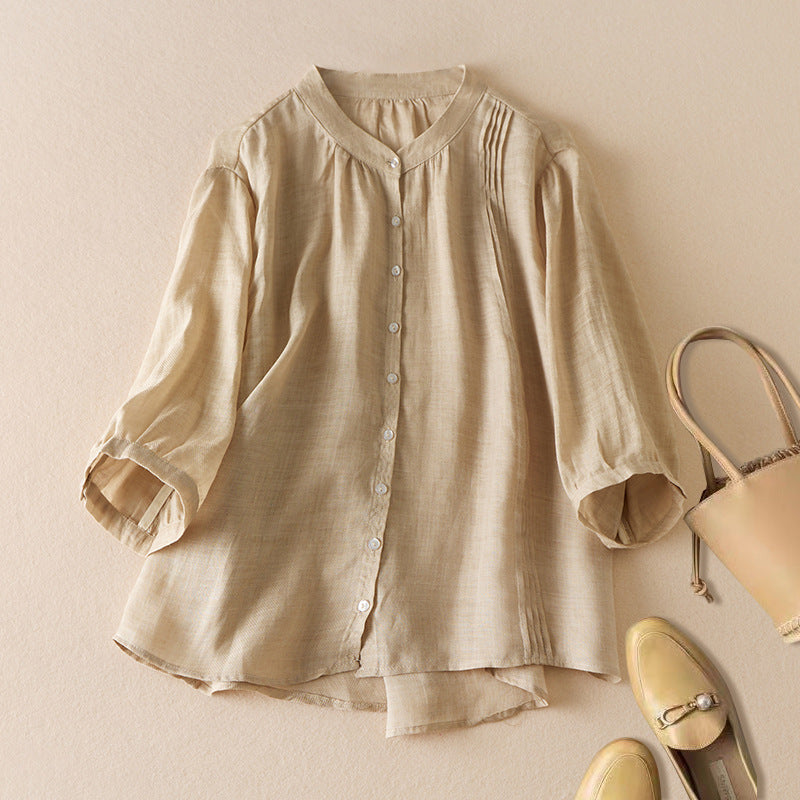 Women Autumn Retro Cotton Linen Stand Collar Loose Shirt