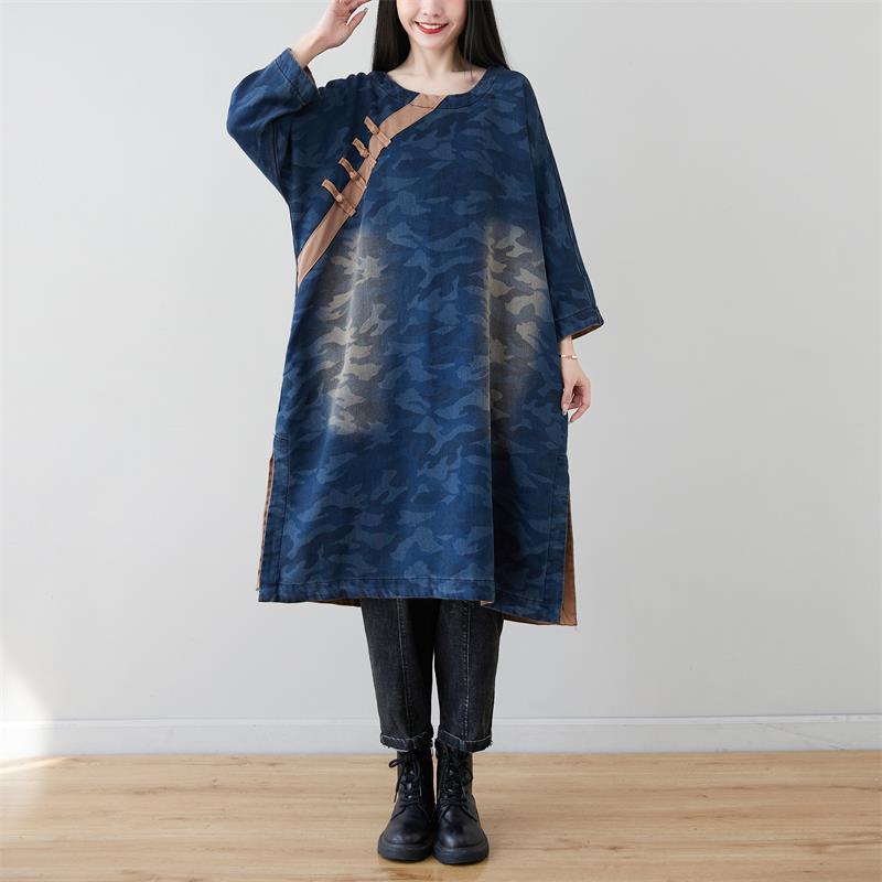 Spring Retro Washed Camouflage Round Neck Denim Midi Dresses