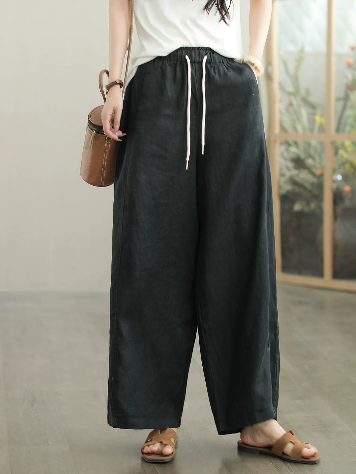 Spring Retro Linen Casual Versatile Elastic Waist Loose Pants