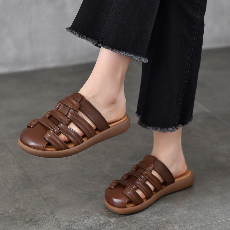 Summer Retro Leather Closed Toe Cut Out Soft Flat Slippers