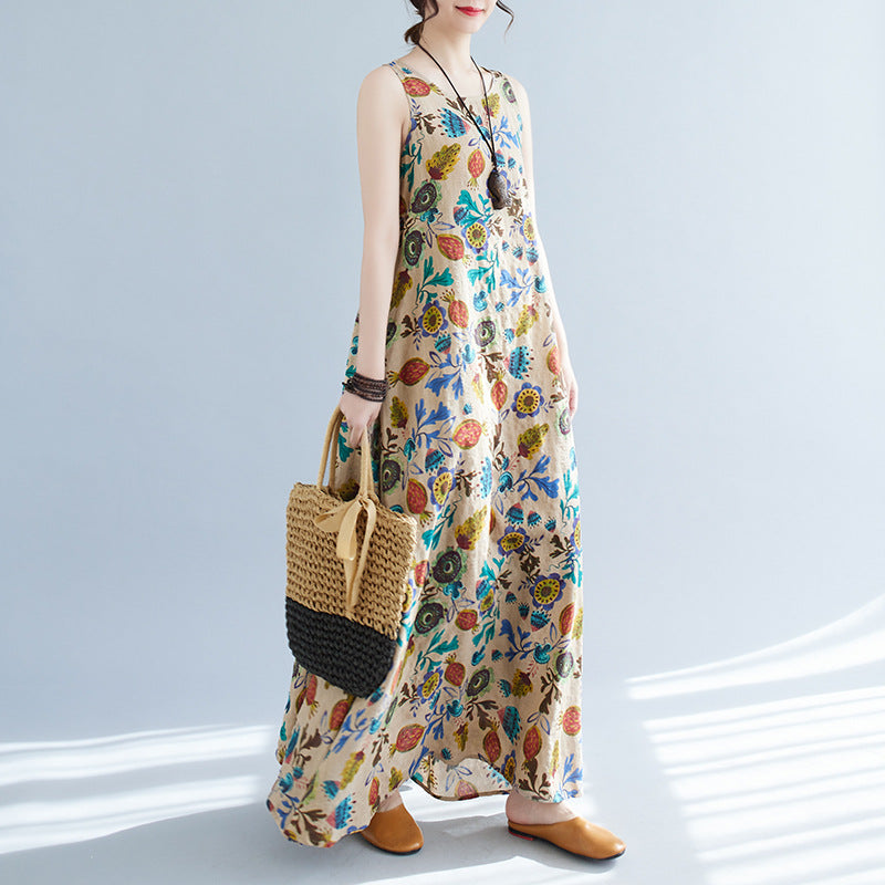 Women Summer Cotton Linen Round Neck Sleeveless Dress
