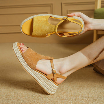 Summer Leather Casual Open Toe Straw Platform Sandals