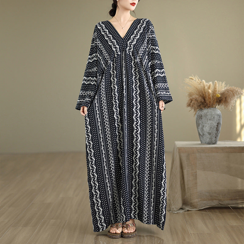 Women Autumn Linen Cotton V-Neck Striped Loose Dress