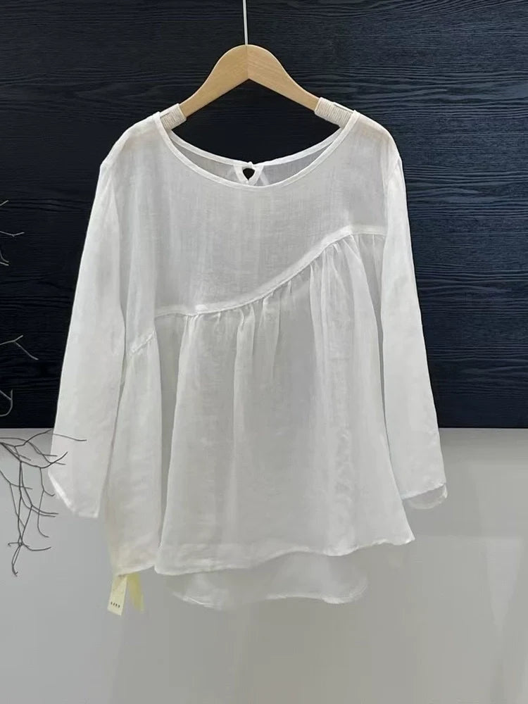 Women Summer Ramie Simple Breathable Round Neck Pullover Top