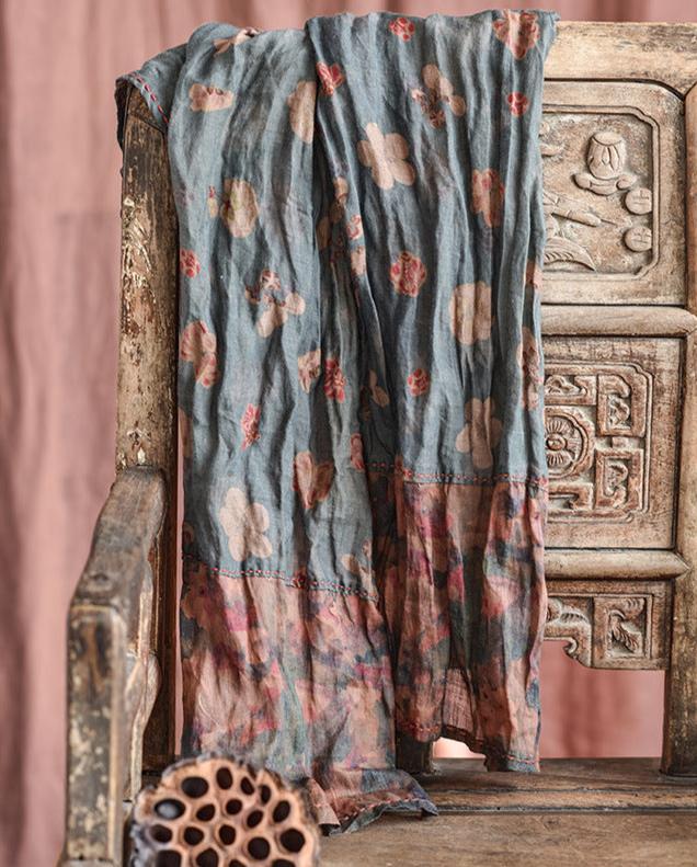 Vintage Distressed Printed Long Patchwork Ramie Scarf