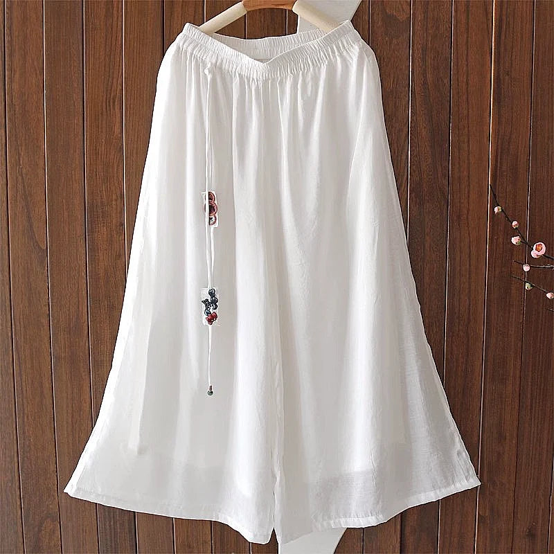 Summer Retro Linen Breathable Elastic Waist Tassel Pants