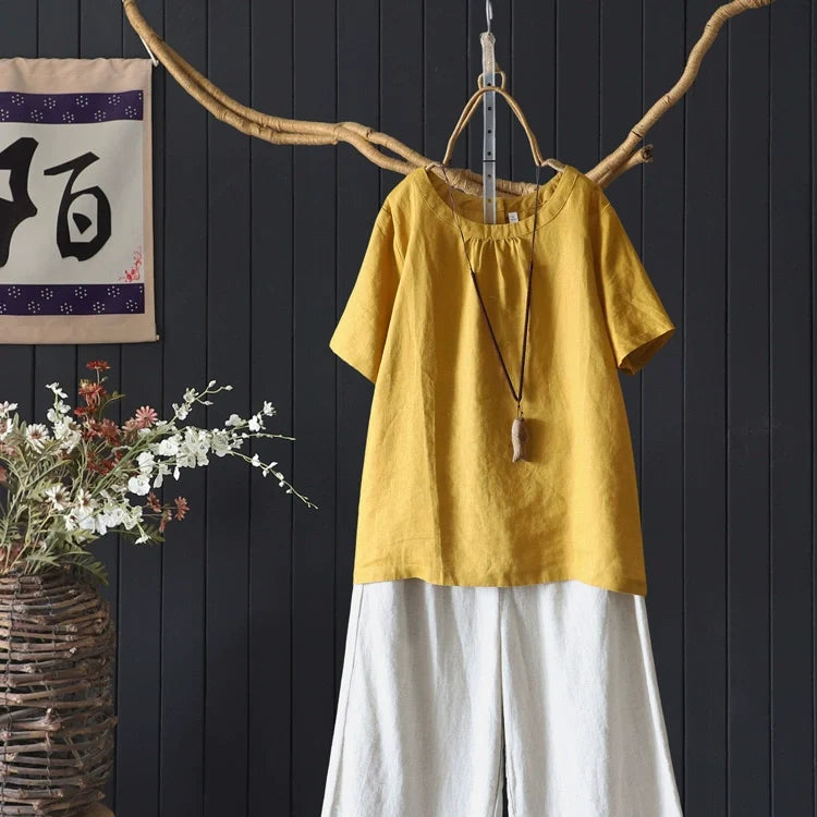 Retro Summer Linen Round Neck Loose Solid Color T-Shirt