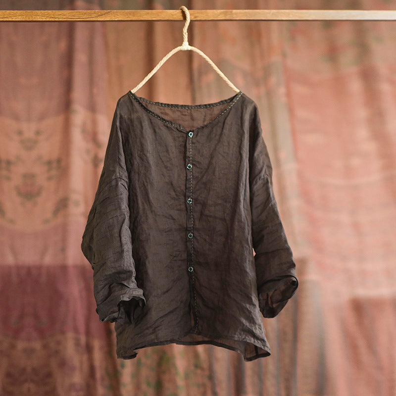 Women's Retro Lightweight Loose Long Sleeves Ramie Shirt