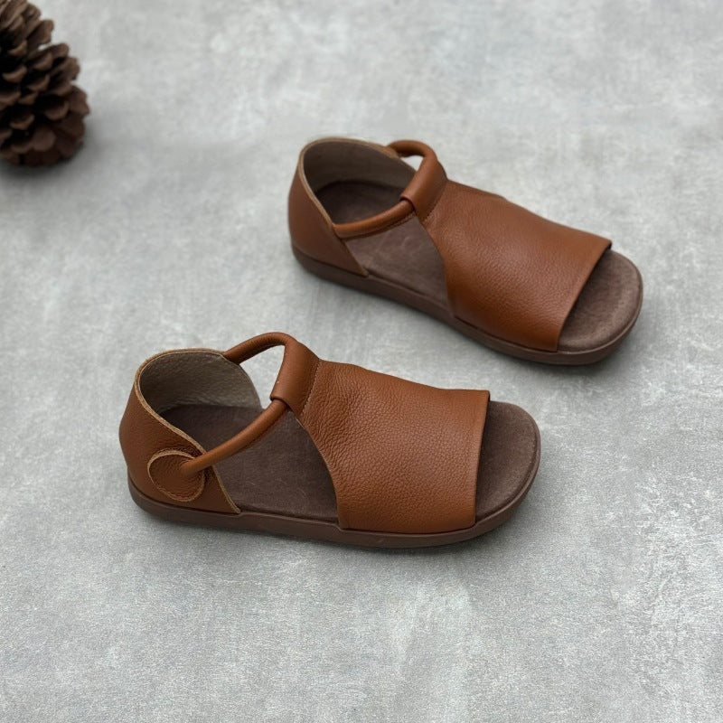 Vintage Soft Leather Peep Toe Sandals Comfortable Summer Flats
