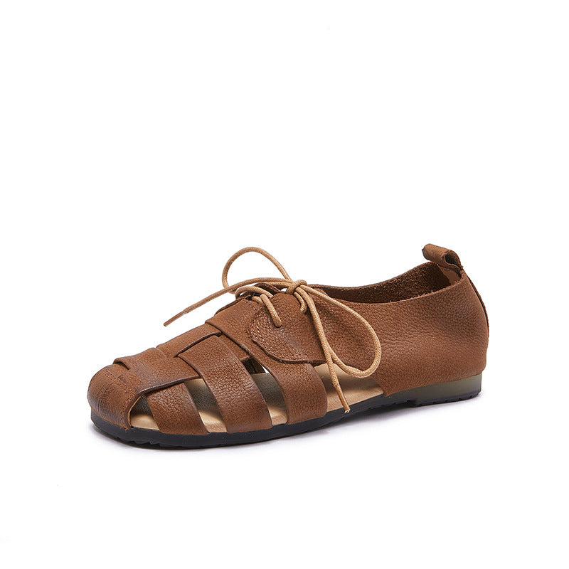 Babakud Women Summer Retro Geniune Leather Lace-Up Slip-Ons