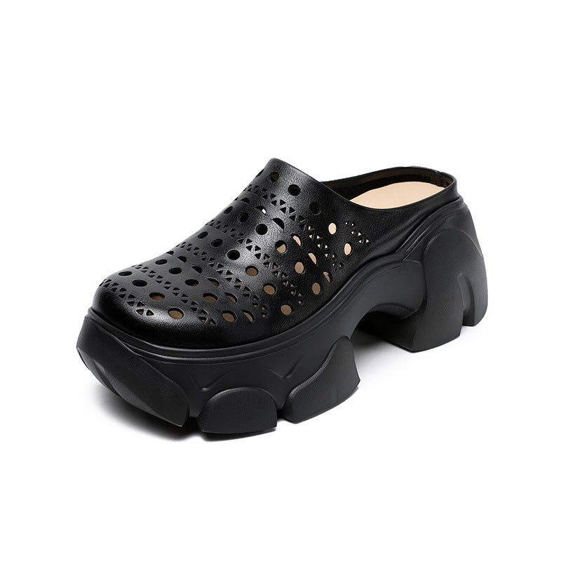 Summer Casual Leather Hollow Chunky Platform Slip On Shoes