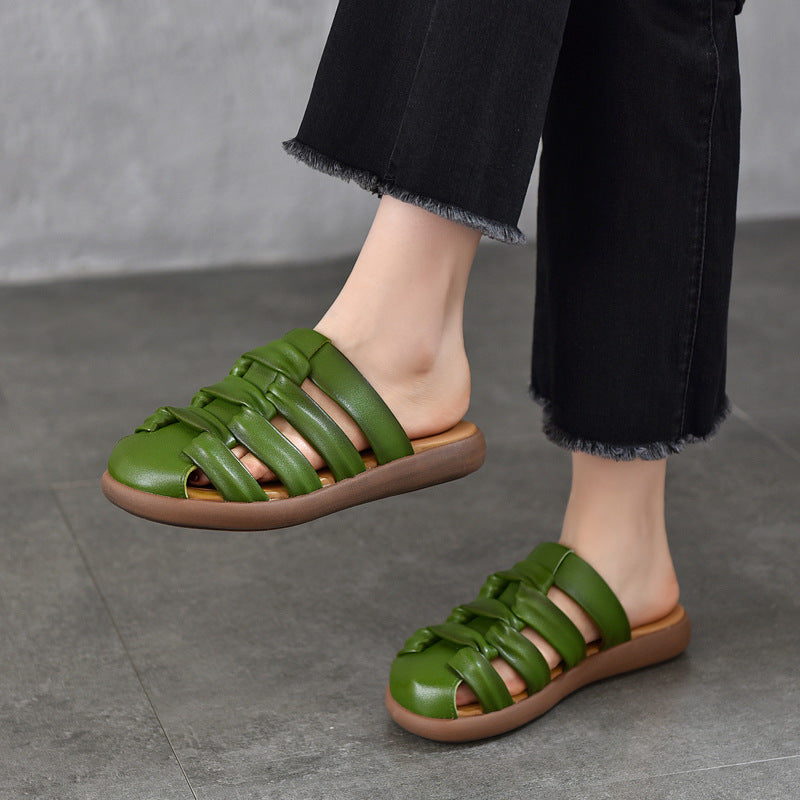 Summer Retro Leather Closed Toe Cut Out Soft Flat Slippers