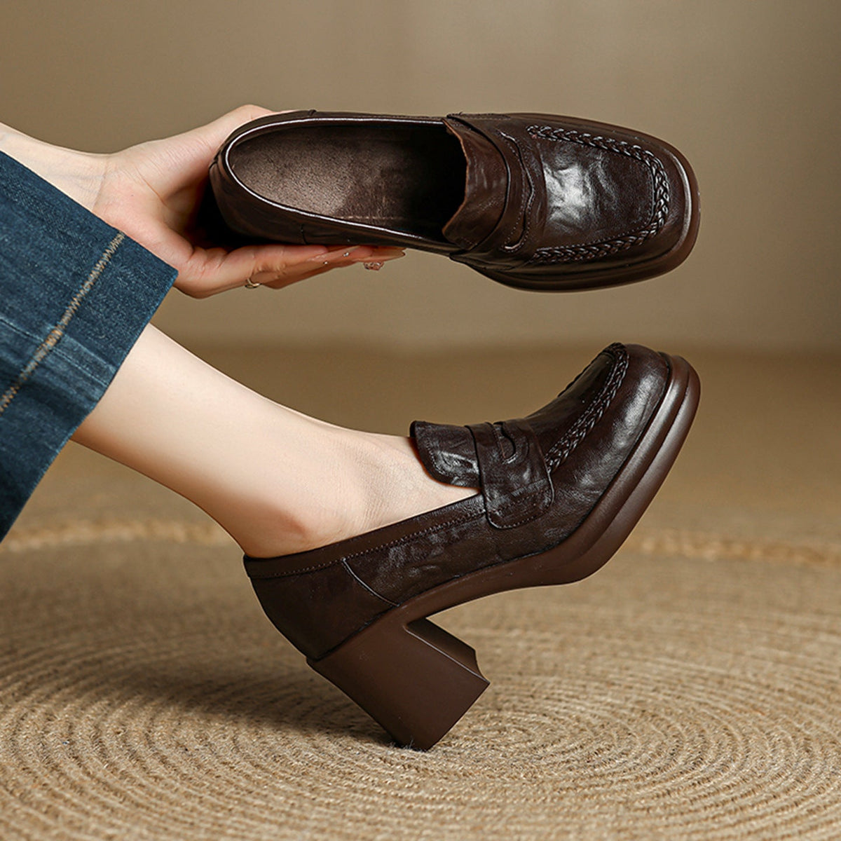 Vintage Fashionable Sheepskin Leather Chunky Platform Shoes