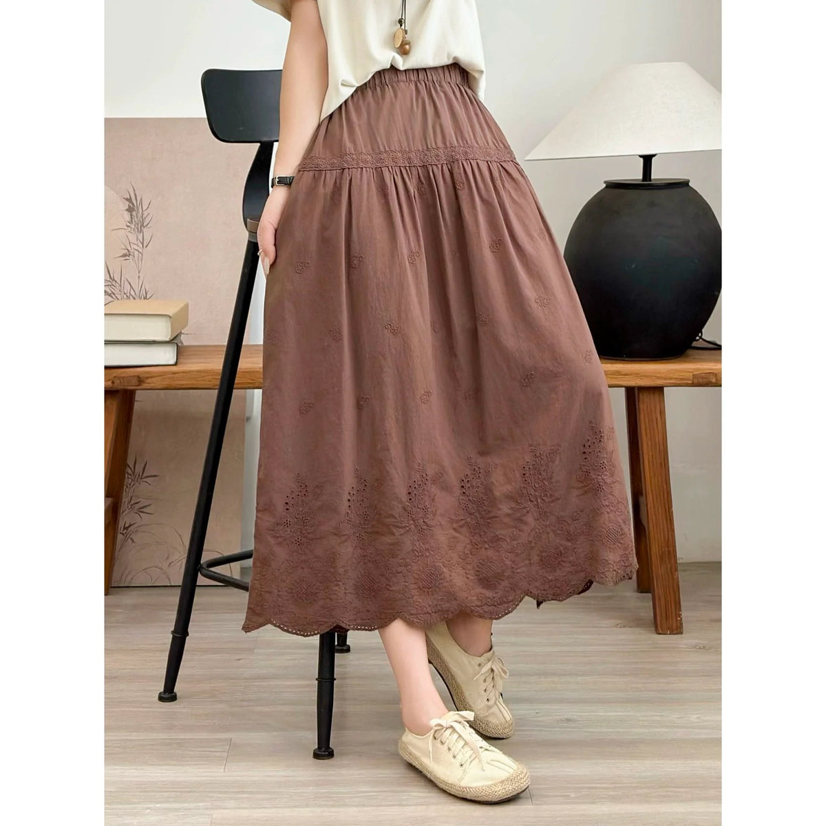 Spring Cotton Vintage Embroidered Lace High Elastic Waist Skirt