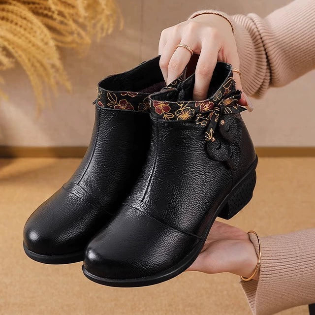 Retro Leather Patchwork Chunky Versatile Zipper Ankle Boots