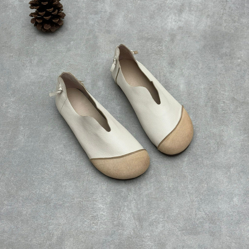 Ladies Retro Contrast Low Heeled Soft Leather Slip-On Shoes