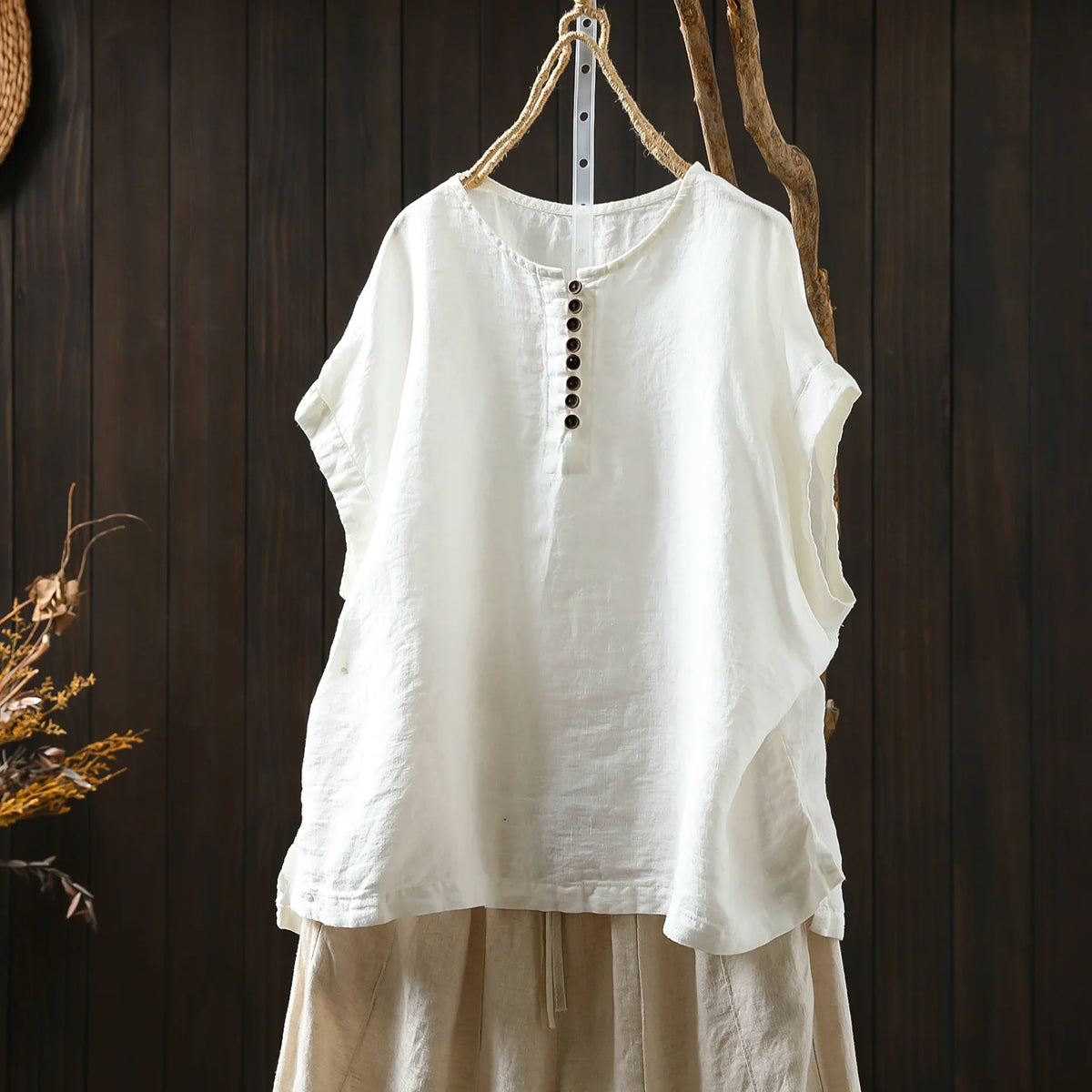 Summer Linen Breathable Round Neck Loose Casual Tops