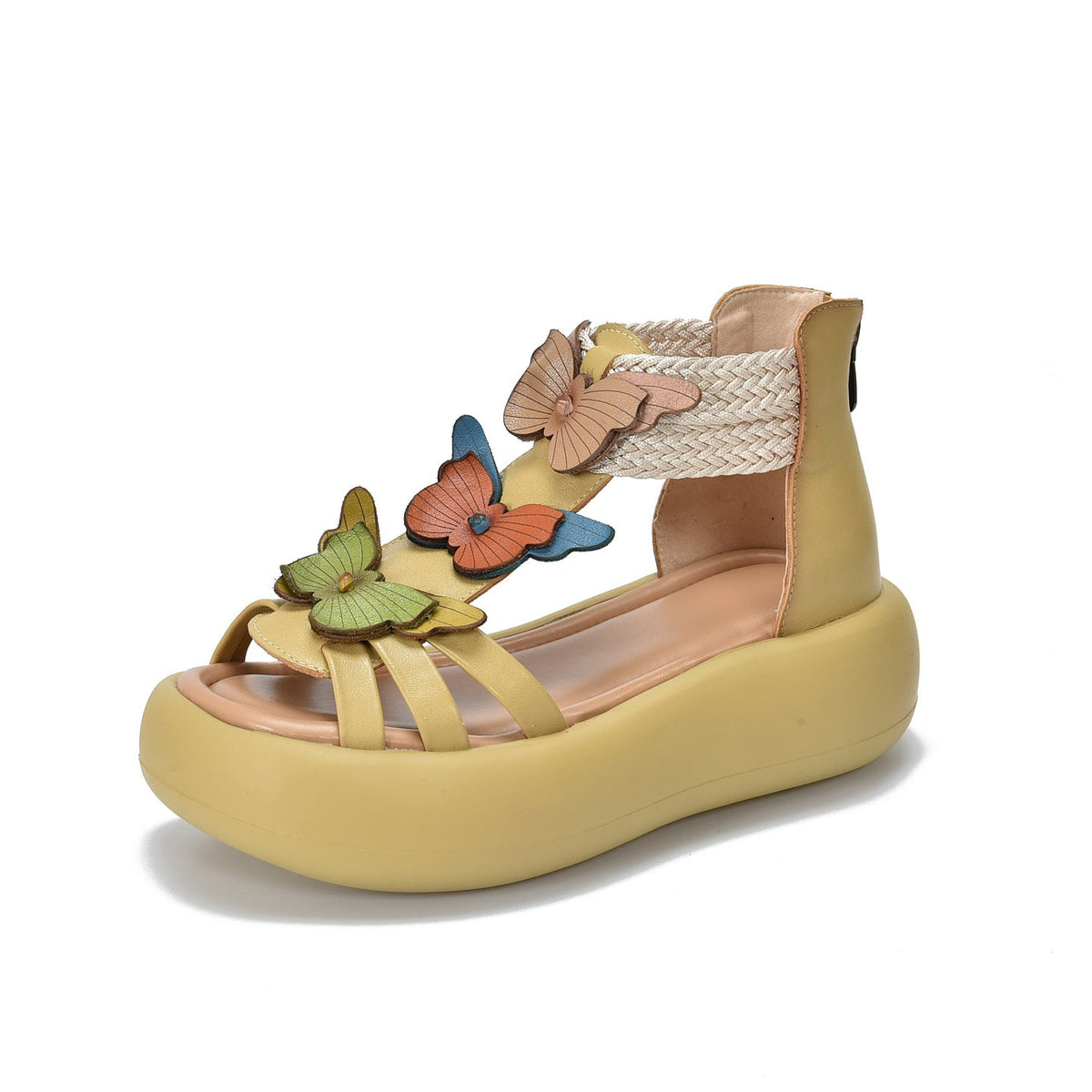 Babakud Retro Leather Platform Butterflies Floral Woveb Strap Sandals