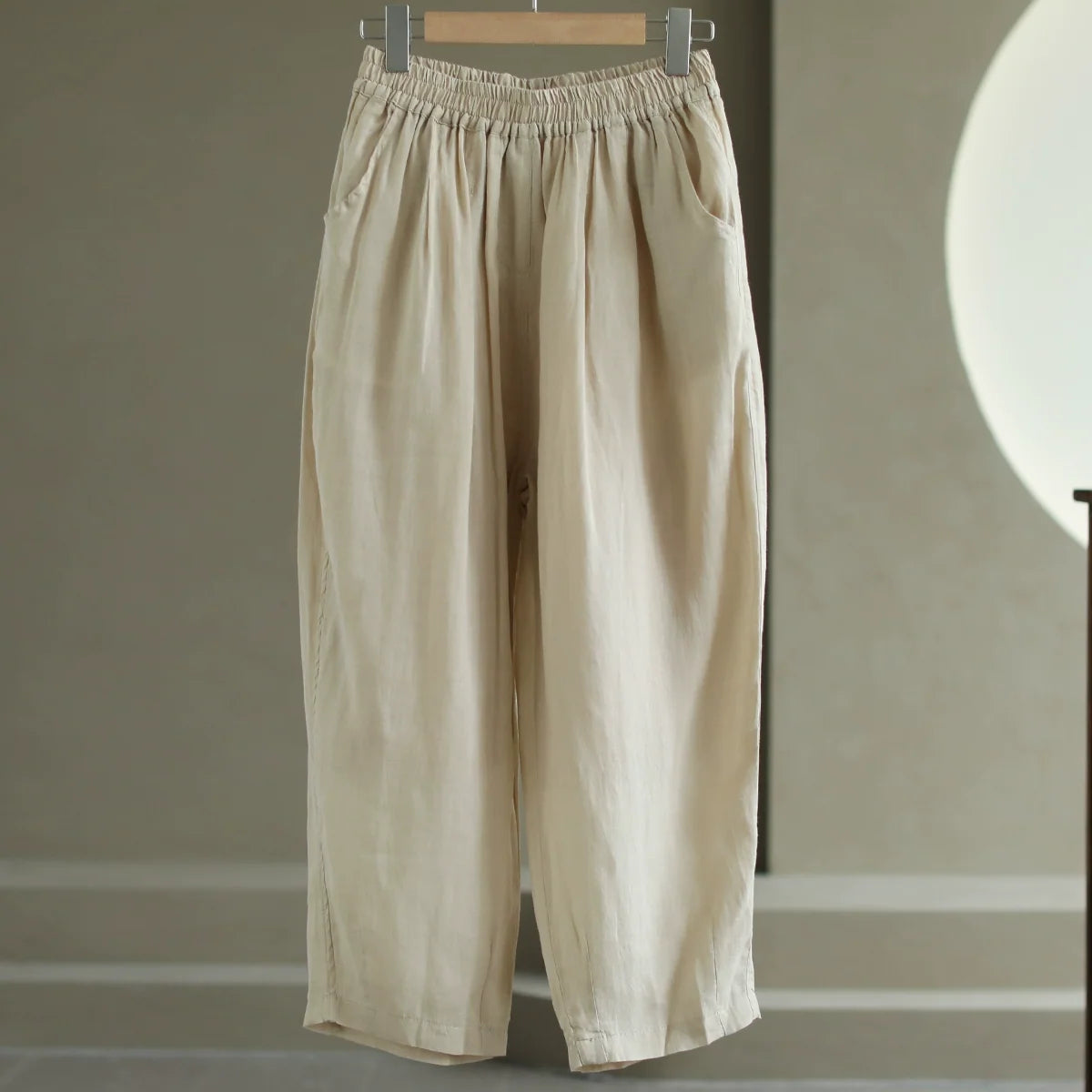 Babakud Women Ramie Casual Loose Elastic Waist Pants
